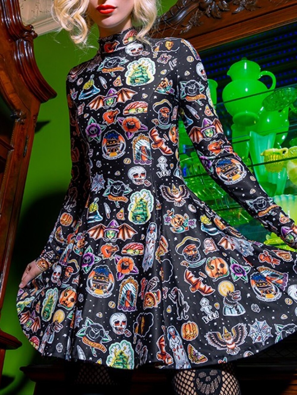 Blackmilk Halloween Tattoo Print High Neck Long Sleeve Toastie Skater Dress XXL